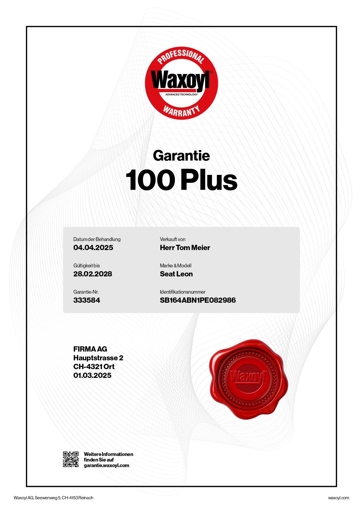 Waxoyl Garantie Zertifikat